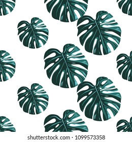 Tropical pattern with monstera. Vintage square watercolor print with tropic leaves. Summer seamless pattern background with green floral elements on white backdrop.