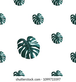 Tropical pattern with monstera. Vintage square watercolor print with tropic leaves. Summer seamless pattern background with green floral elements on white backdrop.
