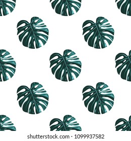 Tropical pattern with monstera. Vintage square watercolor print with tropic leaves. Summer seamless pattern background with green floral elements on white backdrop.