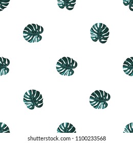 Tropical pattern with monstera. Vintage square watercolor print with tropic leaves. Summer seamless pattern background with green floral elements on white backdrop.