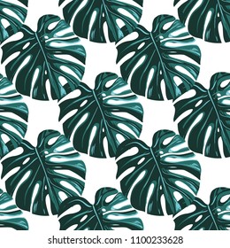Tropical pattern with monstera. Vintage square watercolor print with tropic leaves. Summer seamless pattern background with green floral elements on white backdrop.