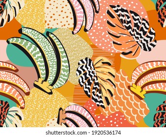 tropical pattern with multicolored hand drawn elements and fun mosaic background