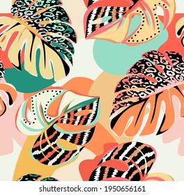 tropical pattern with multicolored hand drawn elements and funny background. Monstera pattern