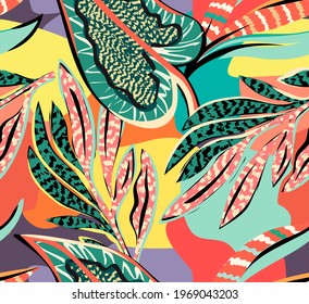 tropical pattern with multicolored hand drawn elements and funny background. leaves pattern - Shutterstock ID 1969043203