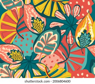 tropical pattern with multicolored hand drawn elements and funny background. Monstera pattern perfect for fabrics and decoration