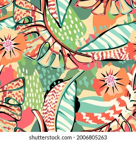 tropical pattern with multicolored hand drawn elements and funny background. tropical leaves pattern for textil and decoration