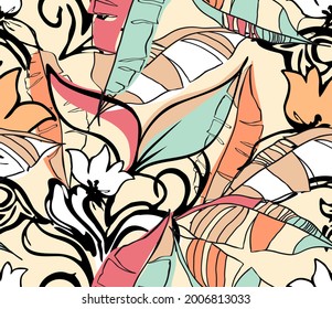 tropical pattern with multicolored hand drawn elements and funny background. tropical leaves pattern for textil and decoration