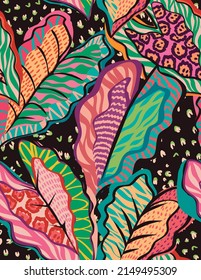 tropical pattern with multicolored hand drawn leaves and dark background. leaves pattern