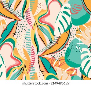 tropical pattern with multicolored hand drawn elements and funny background. leaves pattern