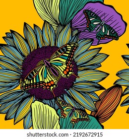 tropical pattern with multicolored hand drawn elements and funny background. leaves pattern . Seamless flowers with butterfly. Vector illustration
