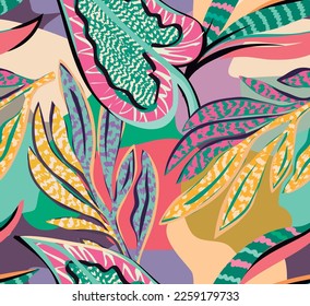 tropical pattern with multicolored hand drawn elements and funny background. leaves pattern