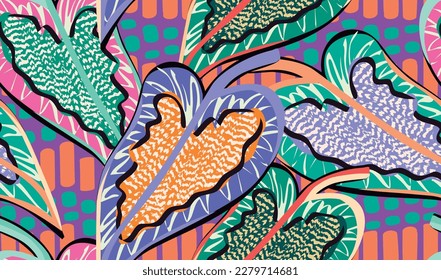 tropical pattern with multicolored hand drawn elements and funny background. leaves pattern