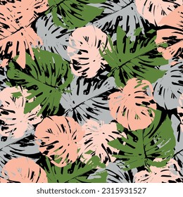 tropical pattern with multicolored hand drawn elements and funny background.  Psychedelic colors monstera pattern background for summer.