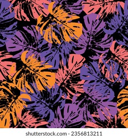 tropical pattern with multicolored hand drawn elements and funny background. Monstera pattern perfect for fabrics and decoration