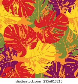 tropical pattern with multicolored hand drawn elements and funny background.  Monstera pattern perfect for fashion and decoration