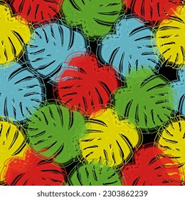 Tropical pattern on a black background. Leaves, flowers and butterflies.  Suitable for textiles, clothing, packaging.