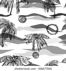 Tropical pattern on a camouflage background. Monochrome palm trees and sun graphic illustration. Vector landscape with ornamental palm leaves.