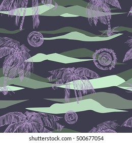 Tropical pattern on a camouflage background. Palm trees and sun graphic illustration. Vector landscape with ornamental palm leaves.