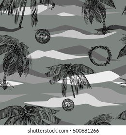 Tropical pattern on a camouflage background. Palm trees and sun graphic illustration. Vector landscape with ornamental palm leaves.
