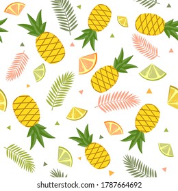 A tropical pattern on a white background of fruit, pineapple, lemon, lime and palm leaves. Color vector illustration. Design, decoration, texture, print, Wallpaper, textiles.