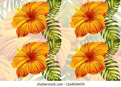 Tropical pattern. Orange green exotic summer flower vector background. Beauty fasion monstera, palm leaves and hibiscus flowers. Hawaiian tropic jungle endless print. Natural swimwear design.