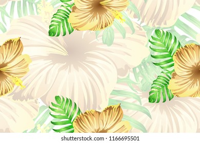Tropical pattern. Orange green exotic summer flower vector background. Beauty fasion monstera, palm leaves and hibiscus flowers. Hawaiian tropic jungle endless print. Natural swimwear design.