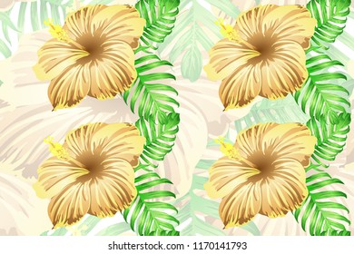 Tropical pattern. Orange green exotic summer flower vector background. Beauty fasion monstera, palm leaves and hibiscus flowers. Hawaiian tropic jungle endless print. Natural swimwear design.