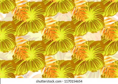Tropical pattern. Orange green exotic summer flower vector background. Beauty fasion monstera, palm leaves and hibiscus flowers. Hawaiian tropic jungle endless print. Natural swimwear design.