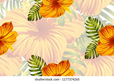 Tropical pattern. Orange green exotic summer flower vector background. Beauty fasion monstera, palm leaves and hibiscus flowers. Hawaiian tropic jungle endless print. Natural swimwear design.