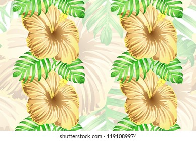 Tropical pattern. Orange green exotic summer flower vector background. Beauty fasion monstera, palm leaves and hibiscus flowers. Hawaiian tropic jungle endless print. Natural swimwear design.