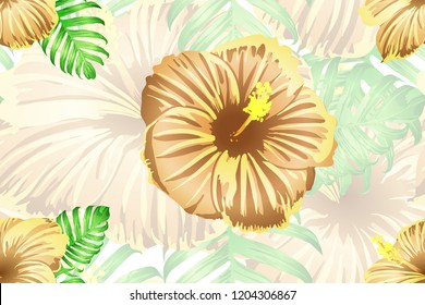 Tropical pattern. Orange green exotic summer flower vector background. Beauty fasion monstera, palm leaves and hibiscus flowers. Hawaiian tropic jungle endless print. Natural swimwear design.