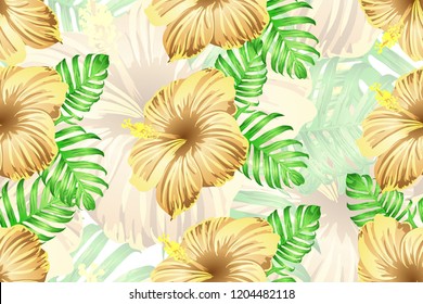 Tropical pattern. Orange green exotic summer flower vector background. Beauty fasion monstera, palm leaves and hibiscus flowers. Hawaiian tropic jungle endless print. Natural swimwear design.