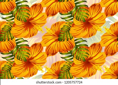 Tropical pattern. Orange green exotic summer flower vector background. Beauty fasion monstera, palm leaves and hibiscus flowers. Hawaiian tropic jungle endless print. Natural swimwear design.