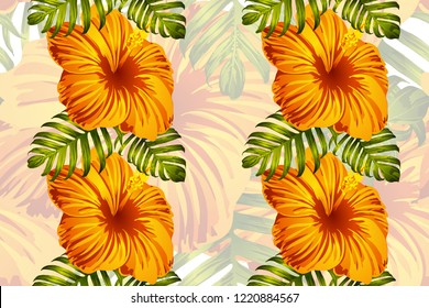 Tropical pattern. Orange green exotic summer flower vector background. Beauty fasion monstera, palm leaves and hibiscus flowers. Hawaiian tropic jungle endless print. Natural swimwear design.