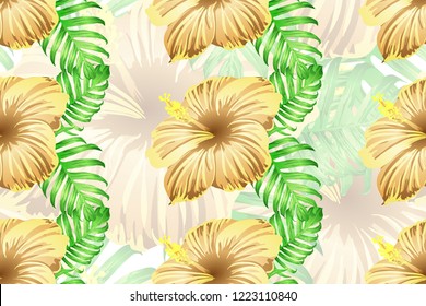 Tropical pattern. Orange green exotic summer flower vector background. Beauty fasion monstera, palm leaves and hibiscus flowers. Hawaiian tropic jungle endless print. Natural swimwear design.