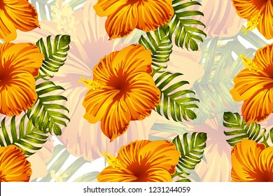 Tropical pattern. Orange green exotic summer flower vector background. Beauty fasion monstera, palm leaves and hibiscus flowers. Hawaiian tropic jungle endless print. Natural swimwear design.