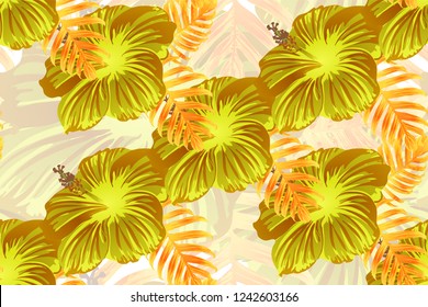 Tropical pattern. Orange green exotic summer flower vector background. Beauty fasion monstera, palm leaves and hibiscus flowers. Hawaiian tropic jungle endless print. Natural swimwear design.