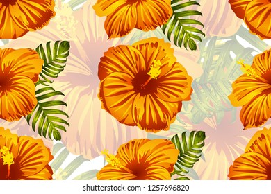 Tropical pattern. Orange green exotic summer flower vector background. Beauty fasion monstera, palm leaves and hibiscus flowers. Hawaiian tropic jungle endless print. Natural swimwear design.