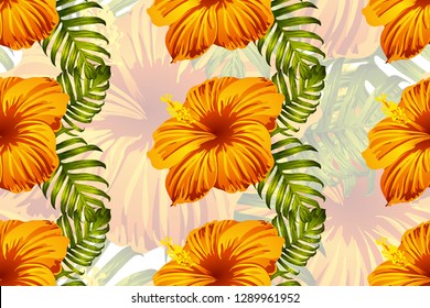 Tropical pattern. Orange green exotic summer flower vector background. Beauty fasion monstera, palm leaves and hibiscus flowers. Hawaiian tropic jungle endless print. Natural swimwear design.