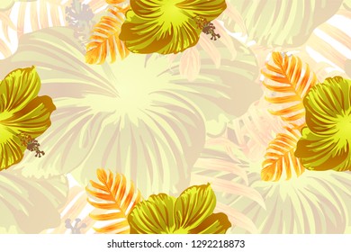 Tropical pattern. Orange green exotic summer flower vector background. Beauty fasion monstera, palm leaves and hibiscus flowers. Hawaiian tropic jungle endless print. Natural swimwear design.
