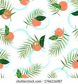 Tropisches Muster mit Orangen und Palmenblättern auf weißem Hintergrund. Vector Illustration des Sommers mit handgezeichneten Kreisen. Nahtlose exotische Tapete. Für Web, Banner, Druck auf Stoff, Verpackung.