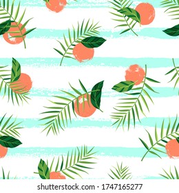 Tropical pattern with oranges, palm leaves and hand drawn lines. Vector illustration of summer on white background. Seamless exotic wallpaper. For web design, banners, printing on fabric, wrapping.