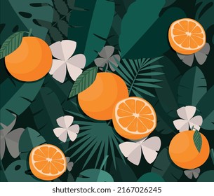 Tropical pattern with oranges. Stylish poster or banner for website. Exotic plants and flora. Fresh and natural fruits among flowers. Beauty and aesthetics concept. Cartoon flat vector illustration