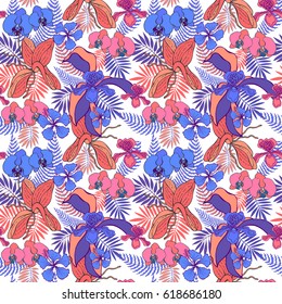 Tropical pattern with orchid flowers and palm leaves. Floral seamless background. 