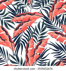 Tropical pattern with original plants and leaves on a delicate background. Jungle leaf seamless vector floral pattern background. Tropical botanical. Colorful stylish floral.