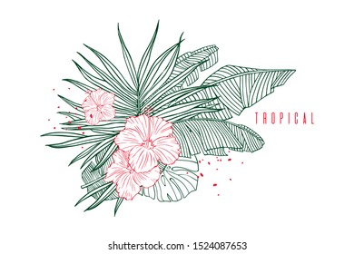 Tropical pattern with palm, banana leaves and hibiscus flower. Beach vacation, label, outline illustrations for tourism and travel industry. Hand drawn tropical plants.