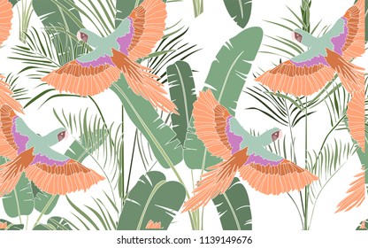 Tropical pattern of palm and kentia leaves with exotic orange parrots. Vintage vector botanical illustration. Seamless background, texture, wrapper pattern, frame or border. Digital nature art.