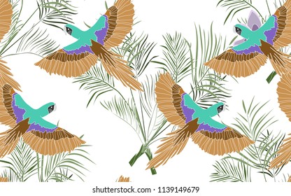 Tropical pattern of palm kentia leaves with exotic golden parrots. Vintage vector botanical illustration. Seamless background, texture, wrapper pattern, frame or border. Digital nature art.