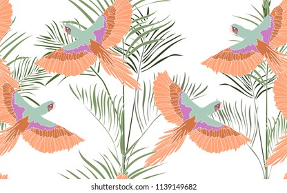 Tropical pattern of palm kentia leaves with exotic orange and pink parrots. Vintage vector botanical illustration. Seamless background, texture, wrapper pattern, frame or border. Digital nature art.