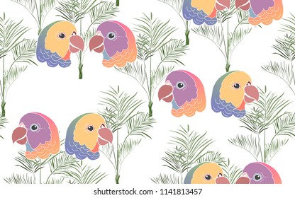 Tropical pattern of palm kentia leaves with exotic parrots. Vintage vector botanical illustration. Seamless background, texture, wrapper pattern, frame or border. Digital nature art.